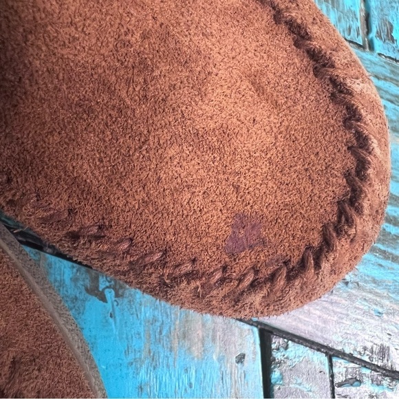 Minnetonka Tan Leather Suede Wedge Shoes Fringe Size 6 Southwestern Rodeo Boho - Picture 10 of 13